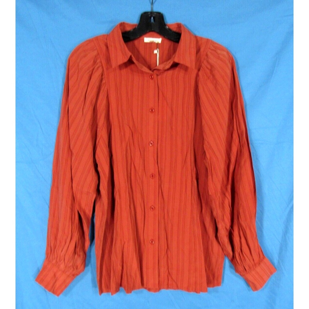 NWT JODIFL Women's Lightweight STRIPED Rust BUTTON-UP Tapered SHIRT/TOP Sz S